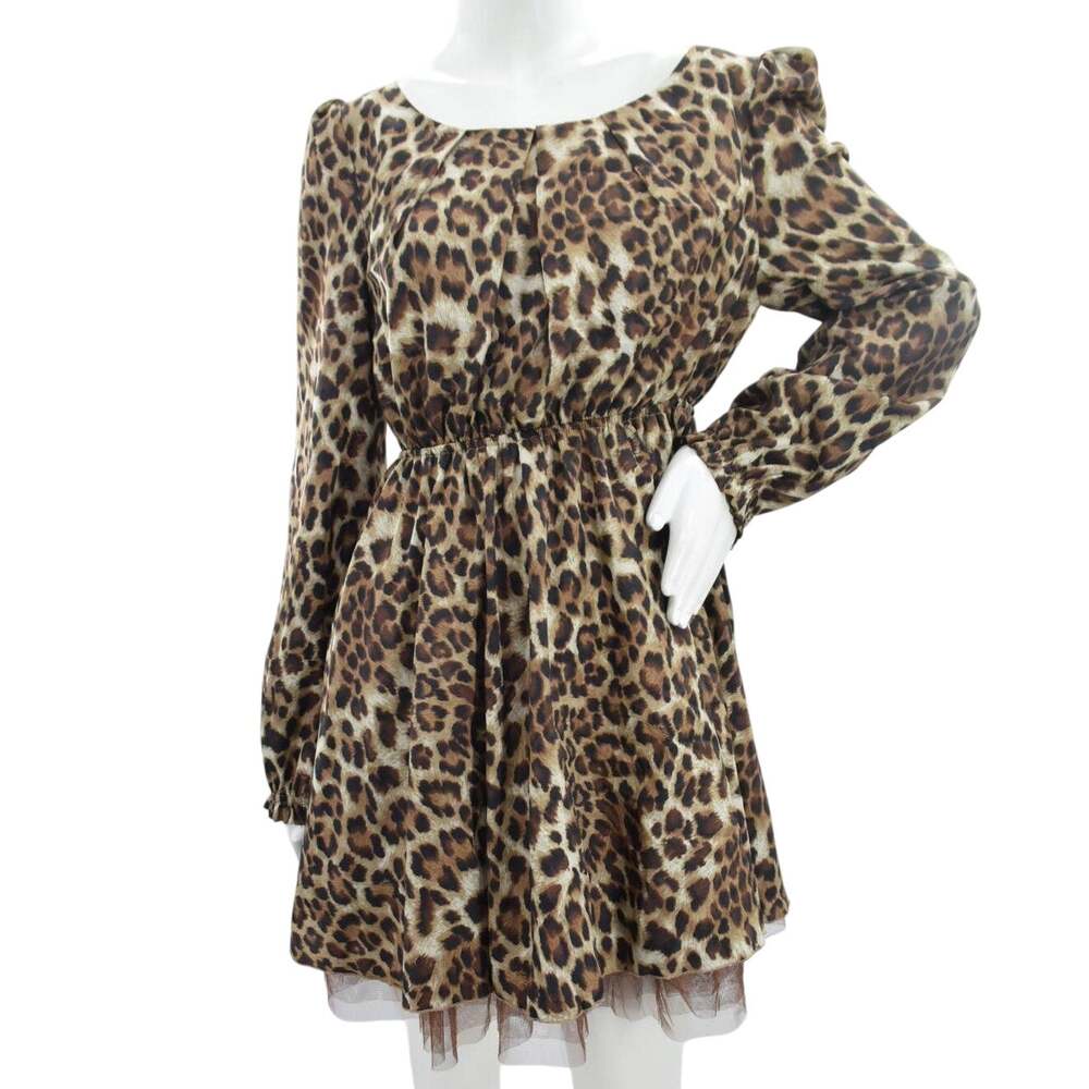 Umgee Leopard Print Long Sleeve Mini Dress Womens L Brown Layered Party